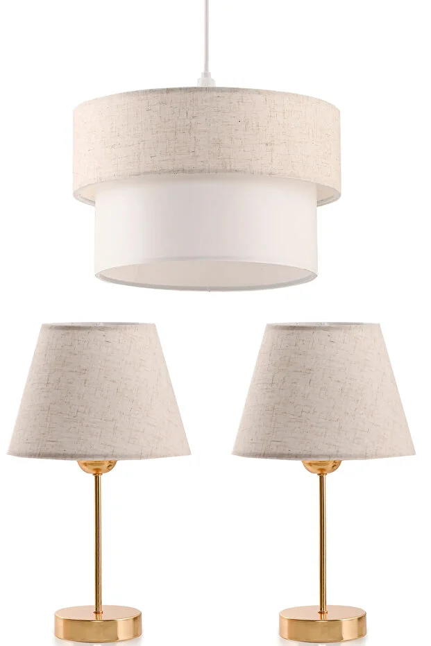 Üçlü Abajur Ve Avize Seti Keten Kumaş